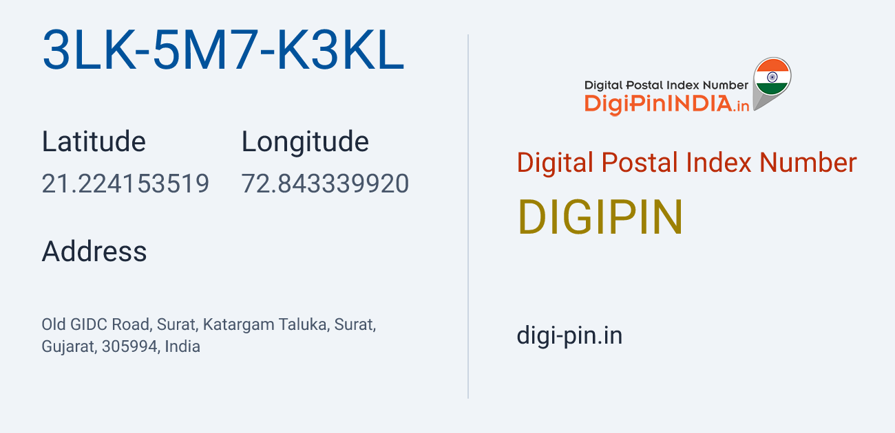 DigiPin 3LK-5M7-K3KL location map showing coordinates 21.224154, 72.843340