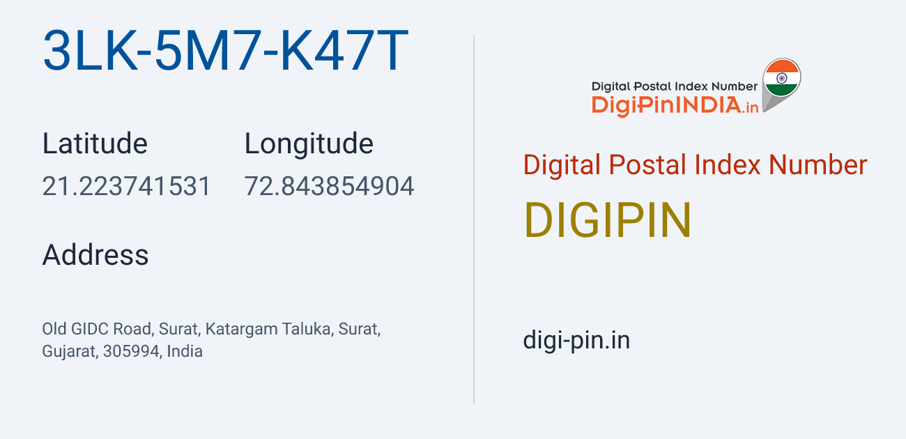 DigiPin 3LK-5M7-K47T location map showing coordinates 21.223742, 72.843855