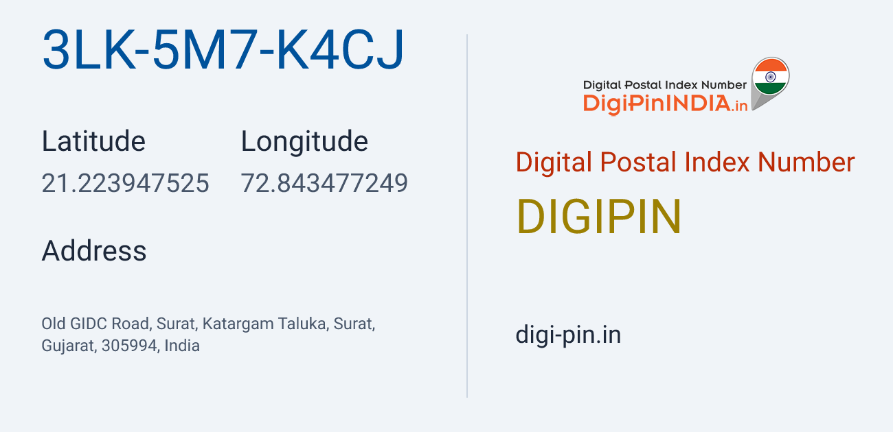 DigiPin 3LK-5M7-K4CJ location map showing coordinates 21.223948, 72.843477