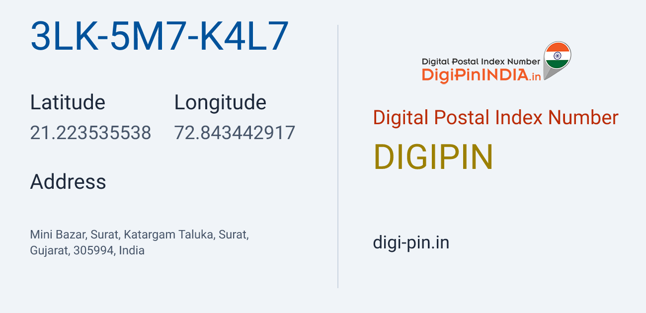 DigiPin 3LK-5M7-K4L7 location map showing coordinates 21.223536, 72.843443