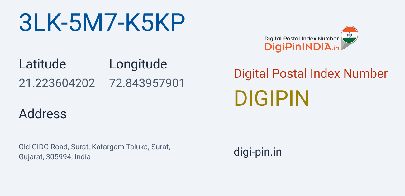 DigiPin 3LK-5M7-K5KP location map showing coordinates 21.223604, 72.843958