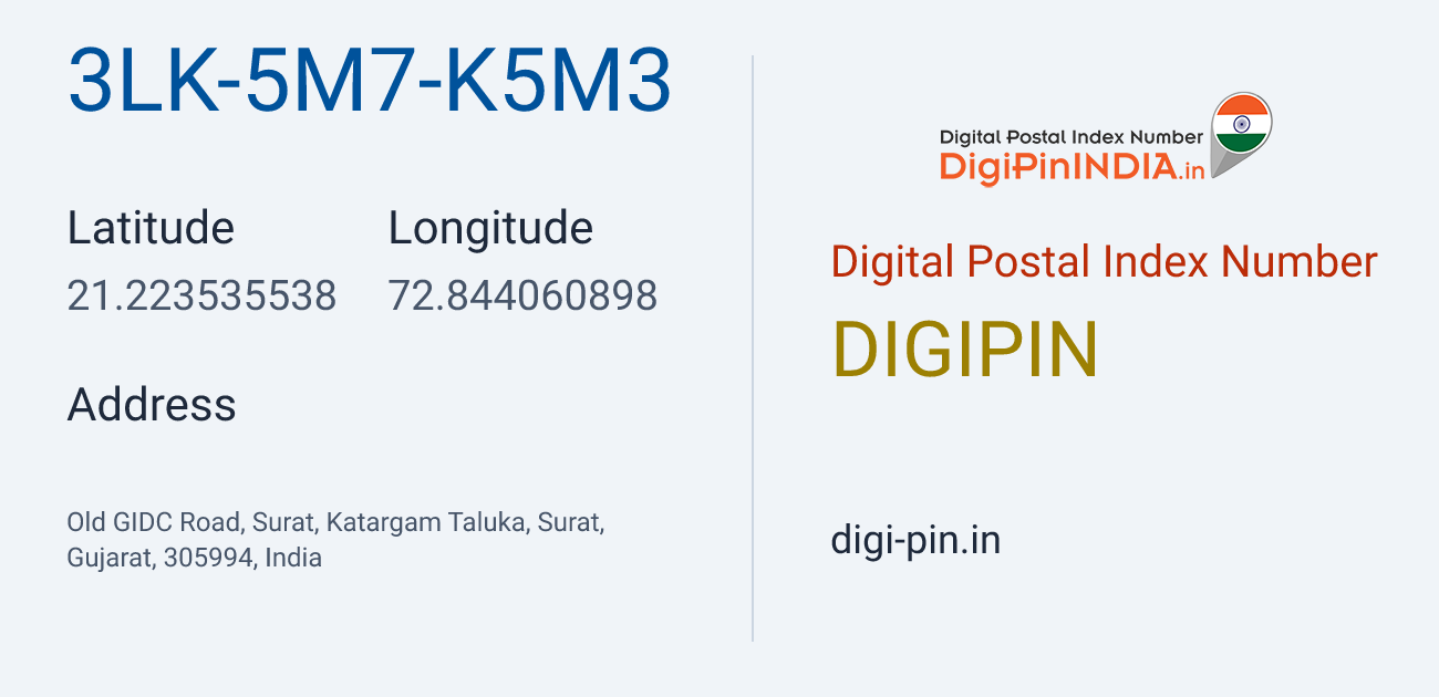 DigiPin 3LK-5M7-K5M3 location map showing coordinates 21.223536, 72.844061