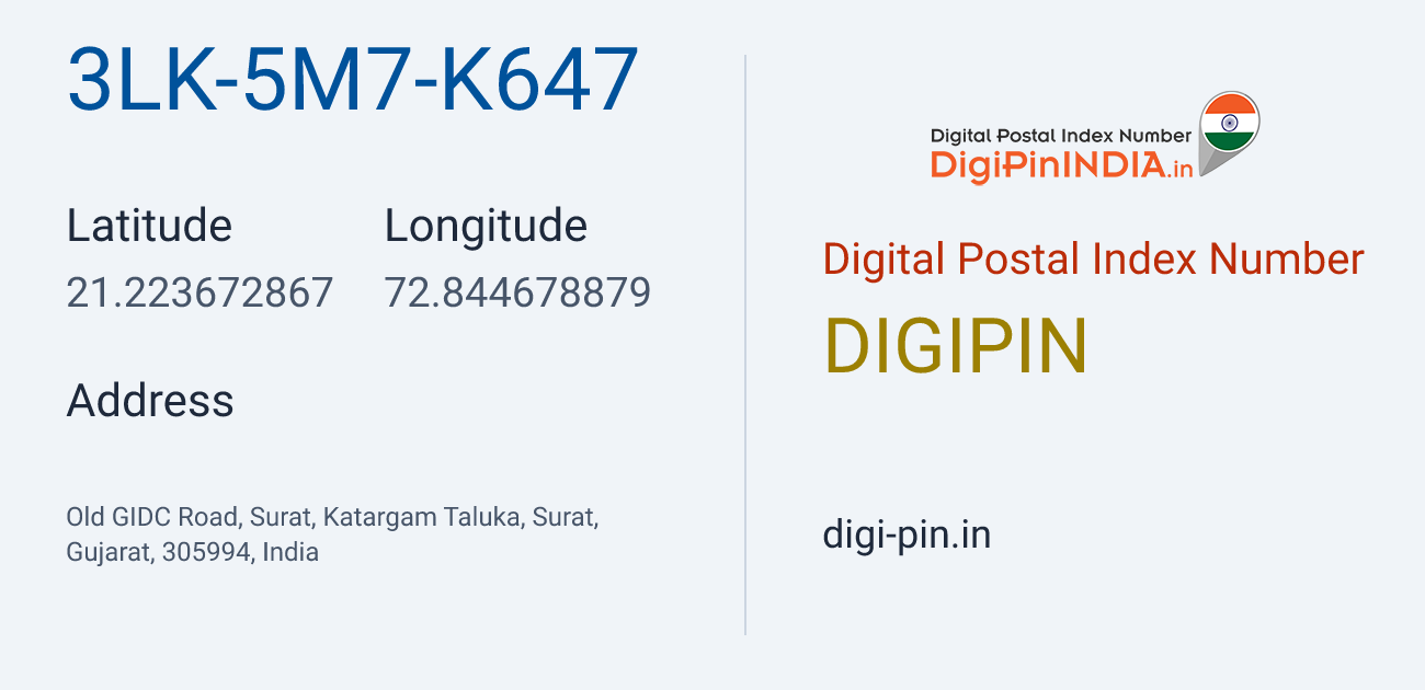 DigiPin 3LK-5M7-K647 location map showing coordinates 21.223673, 72.844679