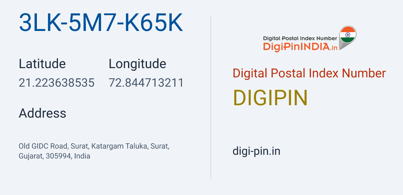 DigiPin 3LK-5M7-K65K location map showing coordinates 21.223639, 72.844713