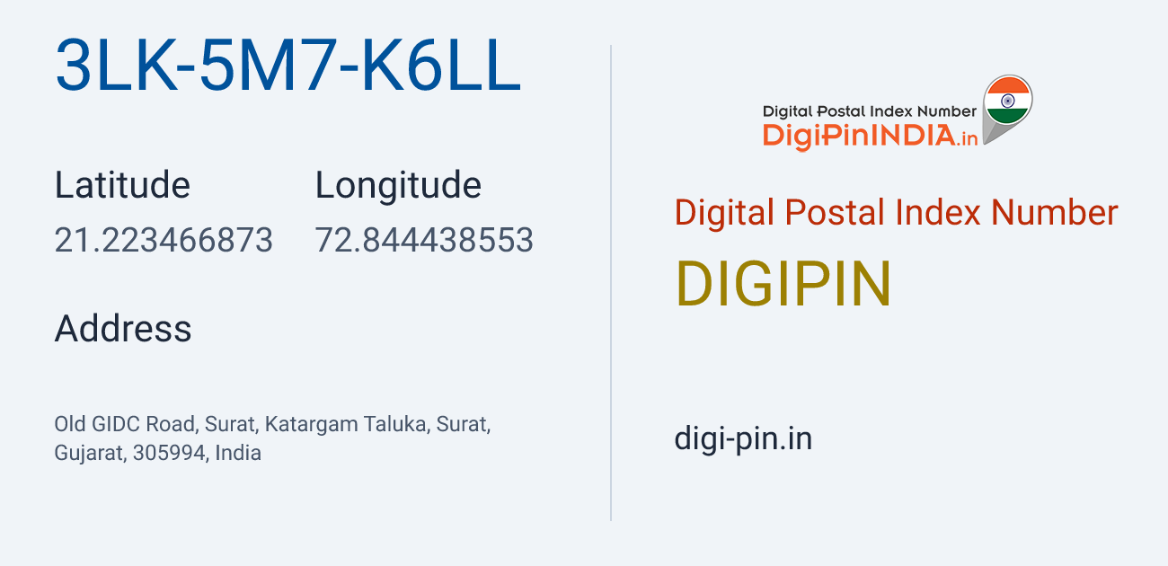 DigiPin 3LK-5M7-K6LL location map showing coordinates 21.223467, 72.844439