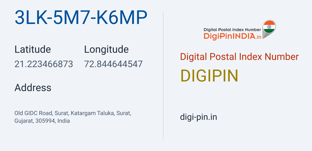 DigiPin 3LK-5M7-K6MP location map showing coordinates 21.223467, 72.844645
