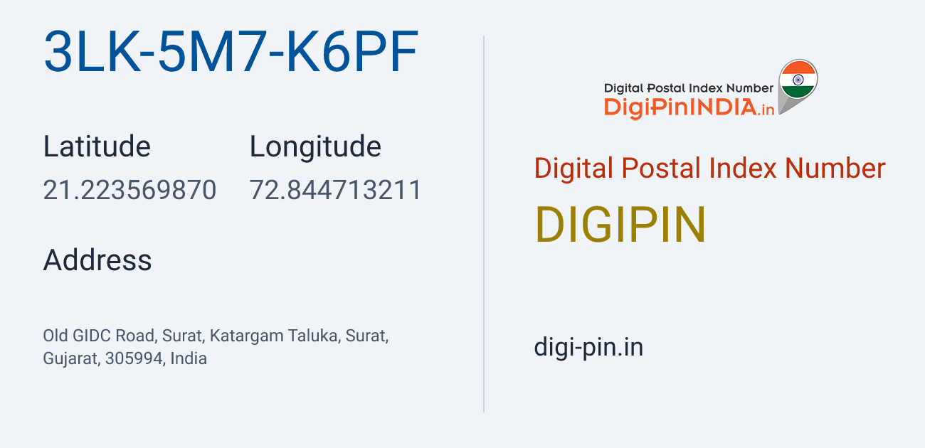 DigiPin 3LK-5M7-K6PF location map showing coordinates 21.223570, 72.844713