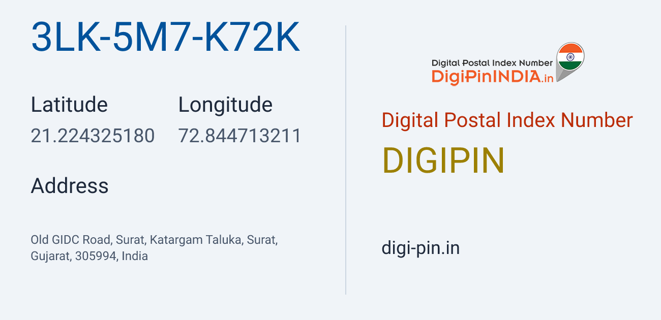 DigiPin 3LK-5M7-K72K location map showing coordinates 21.224325, 72.844713