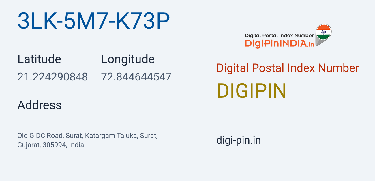 DigiPin 3LK-5M7-K73P location map showing coordinates 21.224291, 72.844645