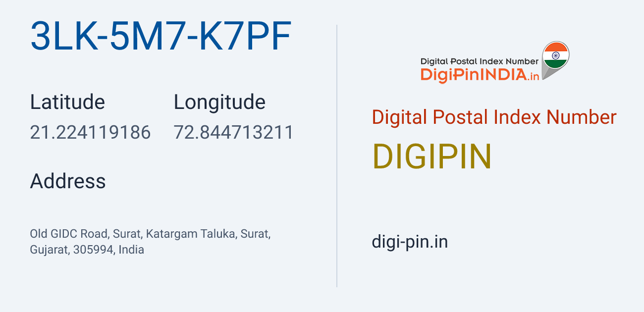 DigiPin 3LK-5M7-K7PF location map showing coordinates 21.224119, 72.844713