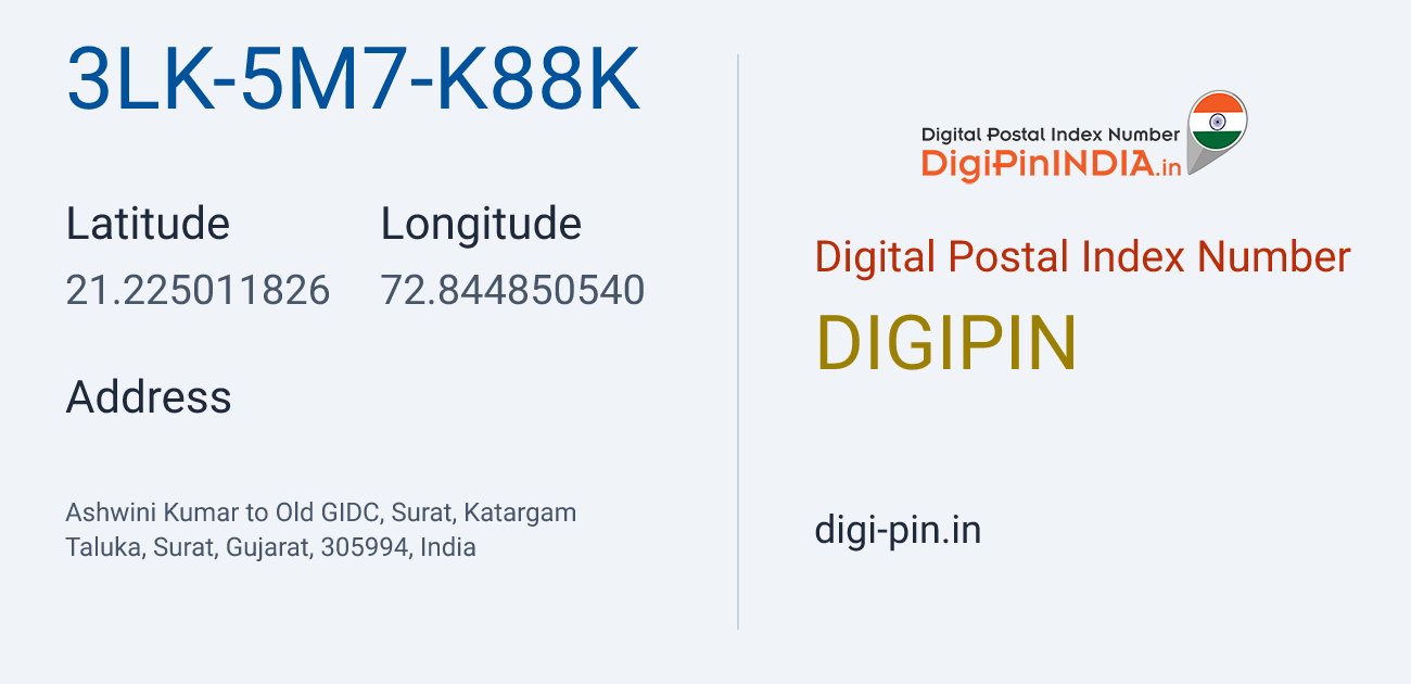 DigiPin 3LK-5M7-K88K location map showing coordinates 21.225012, 72.844851