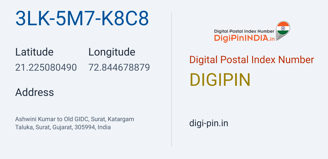 DigiPin 3LK-5M7-K8C8 location map showing coordinates 21.225080, 72.844679