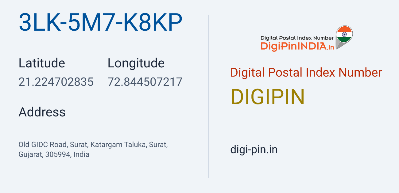 DigiPin 3LK-5M7-K8KP location map showing coordinates 21.224703, 72.844507