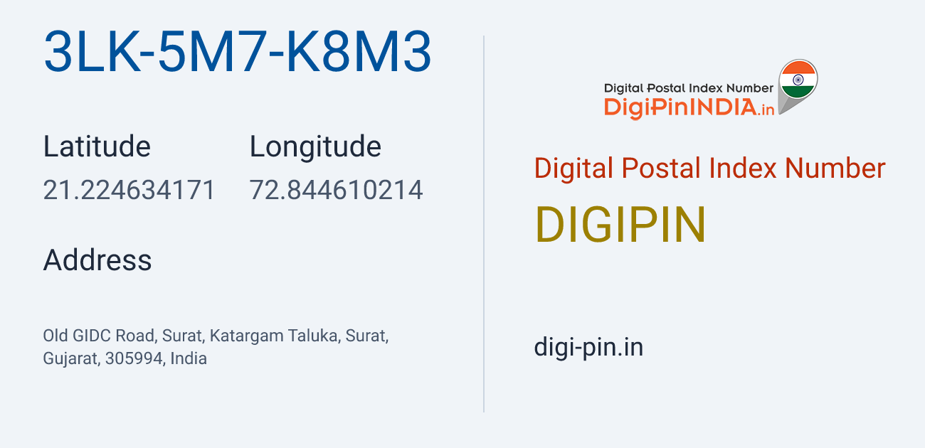 DigiPin 3LK-5M7-K8M3 location map showing coordinates 21.224634, 72.844610