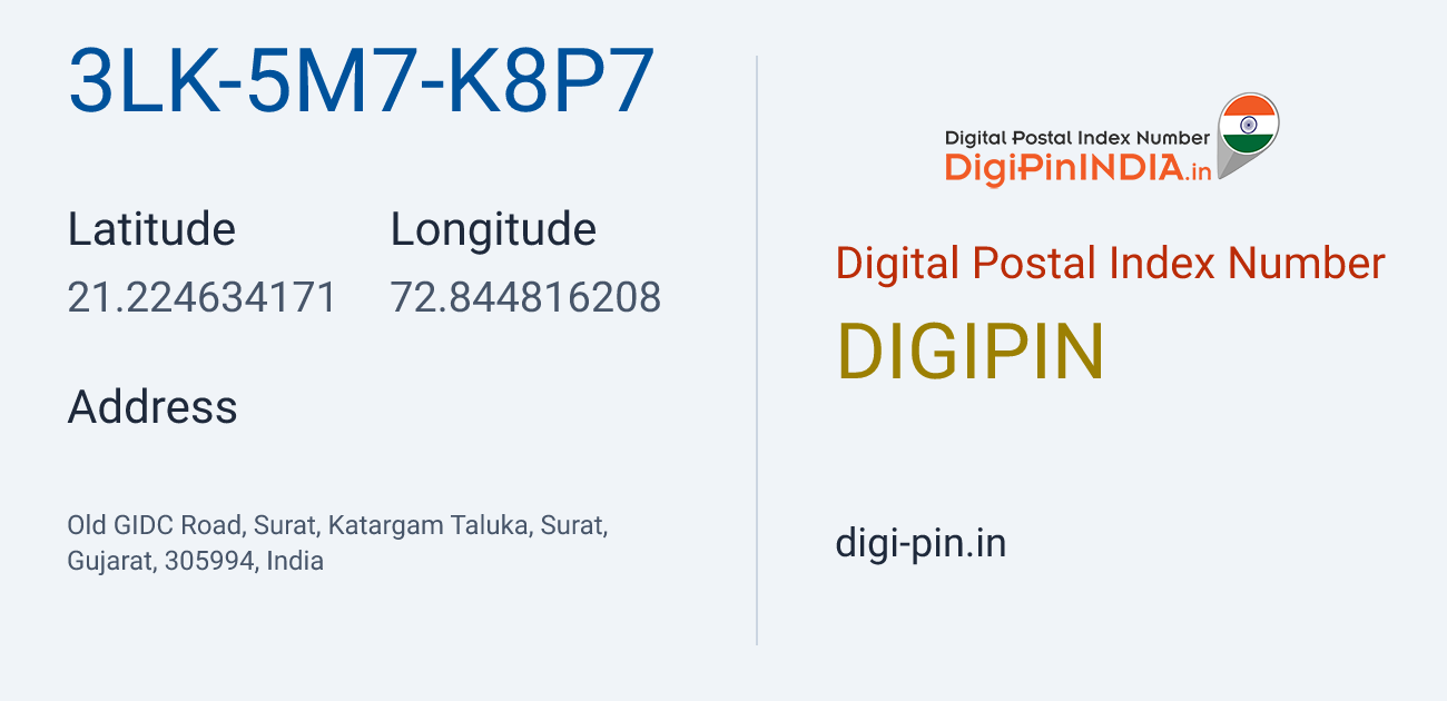 DigiPin 3LK-5M7-K8P7 location map showing coordinates 21.224634, 72.844816