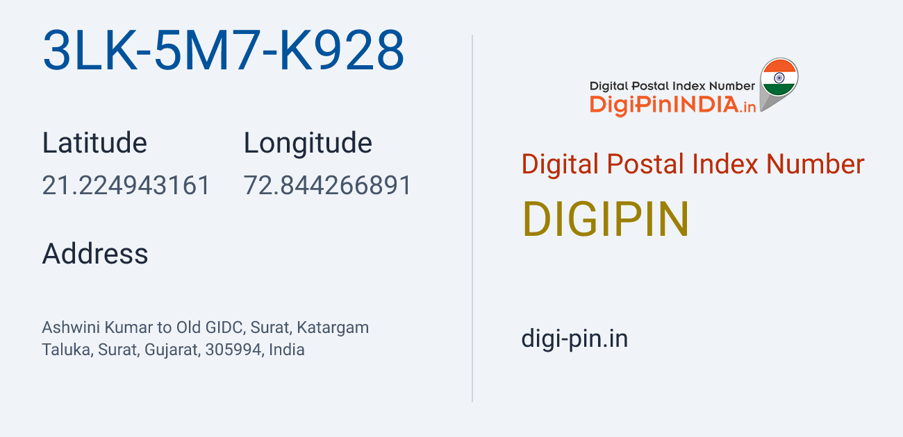 DigiPin 3LK-5M7-K928 location map showing coordinates 21.224943, 72.844267