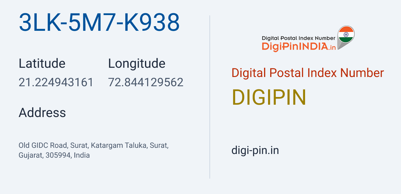 DigiPin 3LK-5M7-K938 location map showing coordinates 21.224943, 72.844130