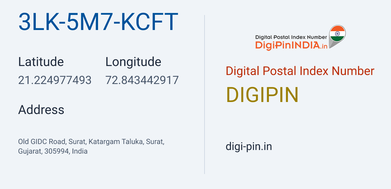 DigiPin 3LK-5M7-KCFT location map showing coordinates 21.224977, 72.843443