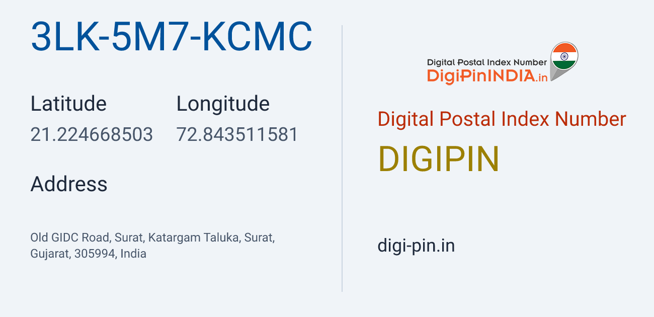 DigiPin 3LK-5M7-KCMC location map showing coordinates 21.224669, 72.843512