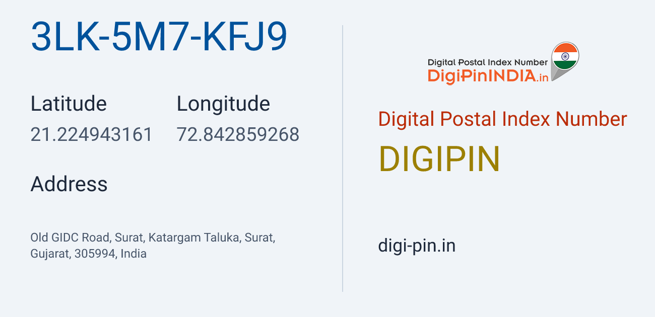 DigiPin 3LK-5M7-KFJ9 location map showing coordinates 21.224943, 72.842859