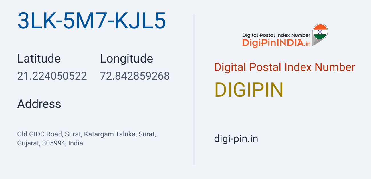 DigiPin 3LK-5M7-KJL5 location map showing coordinates 21.224051, 72.842859