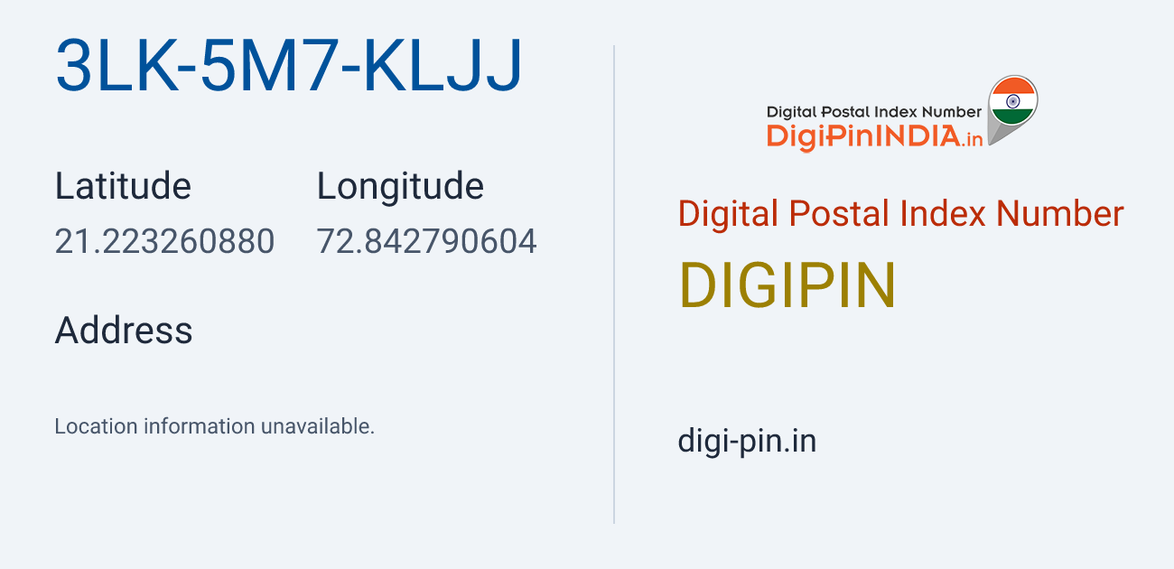 DigiPin 3LK-5M7-KLJJ location map showing coordinates 21.223261, 72.842791