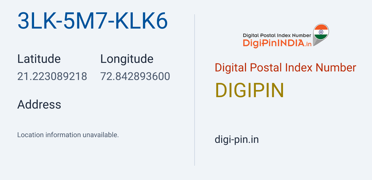 DigiPin 3LK-5M7-KLK6 location map showing coordinates 21.223089, 72.842894