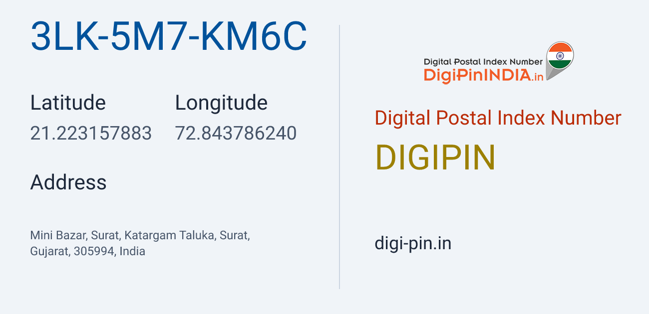 DigiPin 3LK-5M7-KM6C location map showing coordinates 21.223158, 72.843786