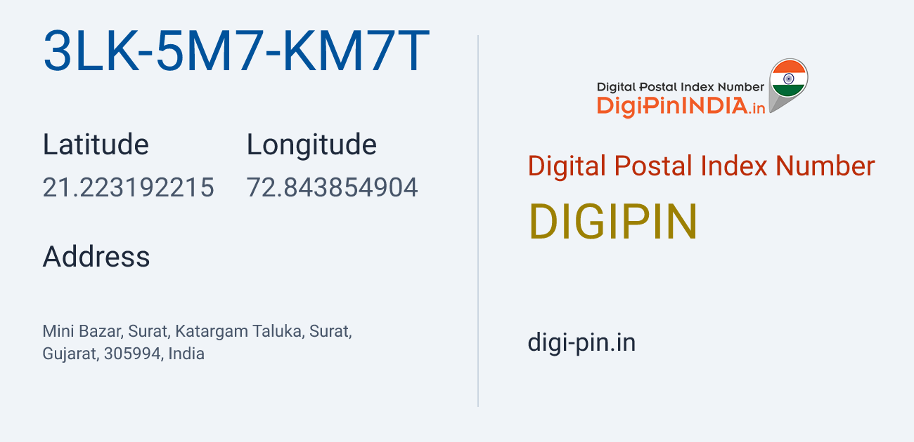 DigiPin 3LK-5M7-KM7T location map showing coordinates 21.223192, 72.843855