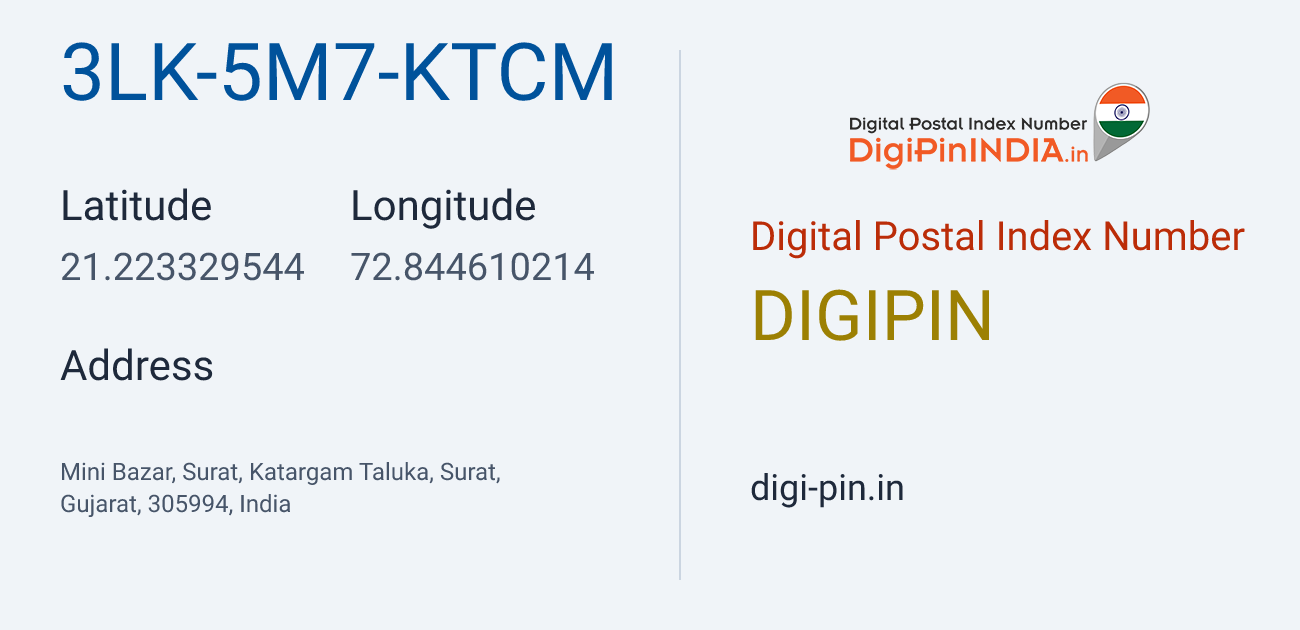 DigiPin 3LK-5M7-KTCM location map showing coordinates 21.223330, 72.844610