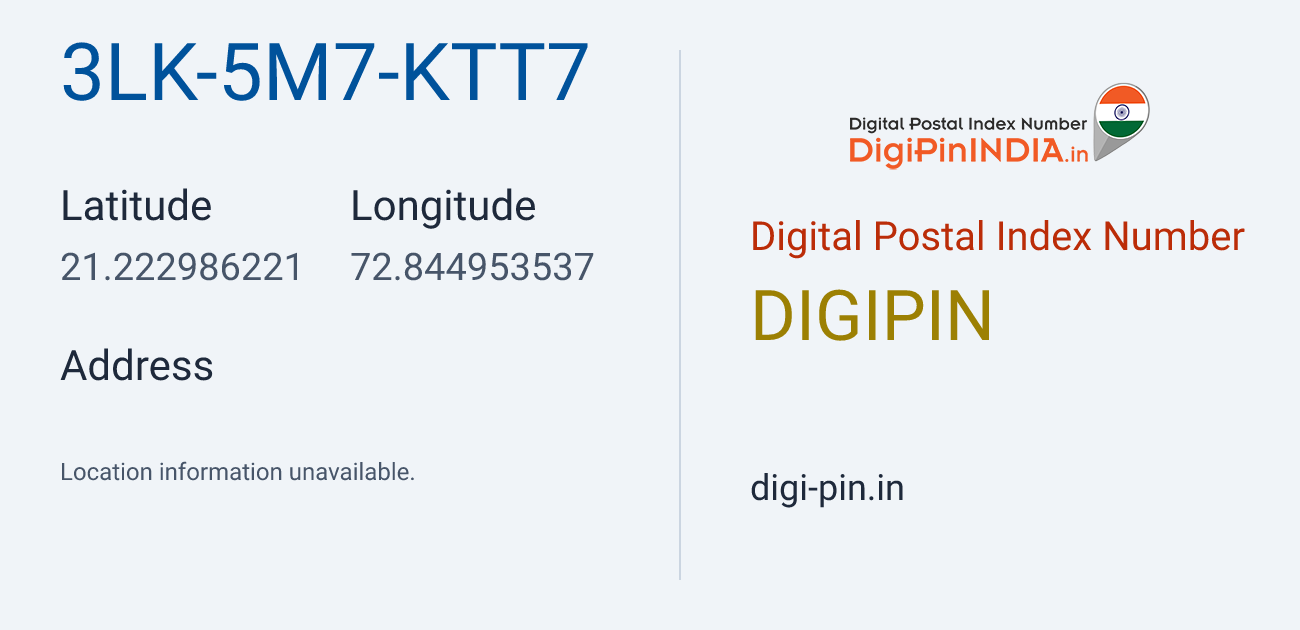 DigiPin 3LK-5M7-KTT7 location map showing coordinates 21.222986, 72.844954