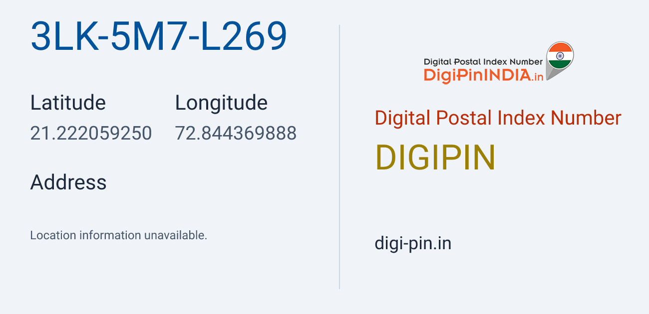 DigiPin 3LK-5M7-L269 location map showing coordinates 21.222059, 72.844370
