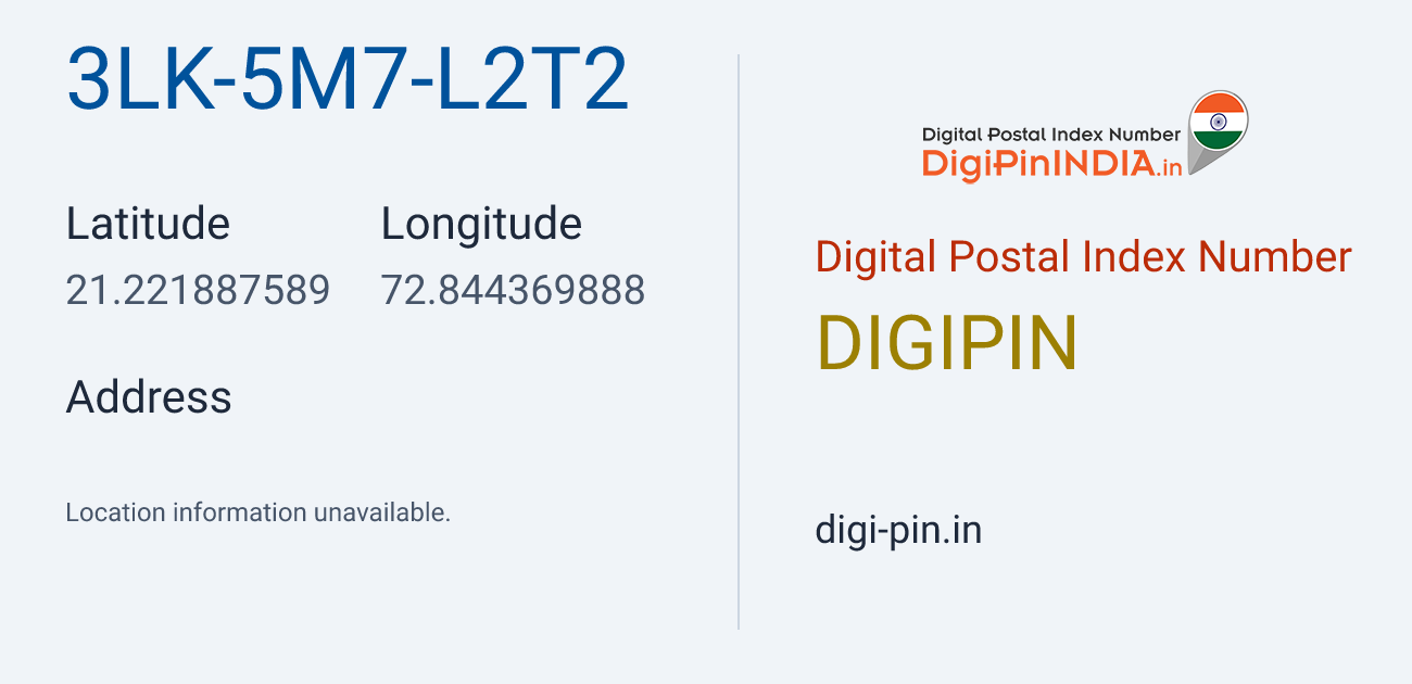 DigiPin 3LK-5M7-L2T2 location map showing coordinates 21.221888, 72.844370