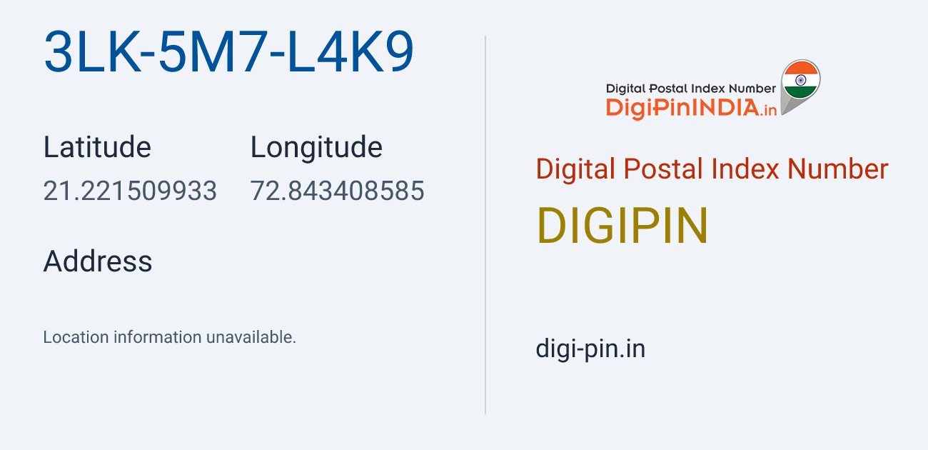DigiPin 3LK-5M7-L4K9 location map showing coordinates 21.221510, 72.843409