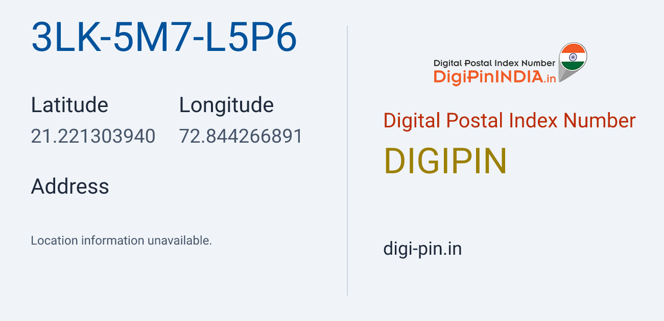 DigiPin 3LK-5M7-L5P6 location map showing coordinates 21.221304, 72.844267