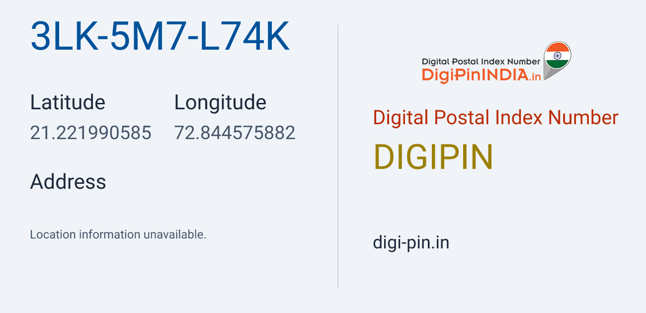 DigiPin 3LK-5M7-L74K location map showing coordinates 21.221991, 72.844576