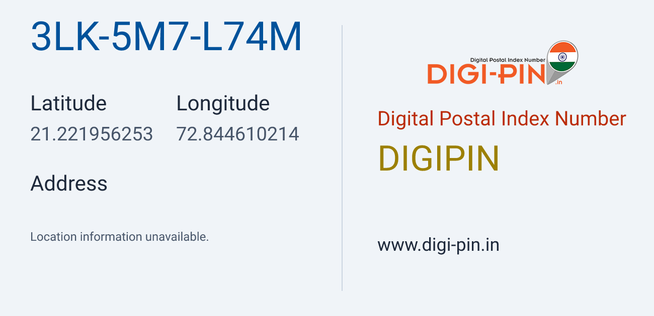 DigiPin 3LK-5M7-L74M location map showing coordinates 21.221956, 72.844610