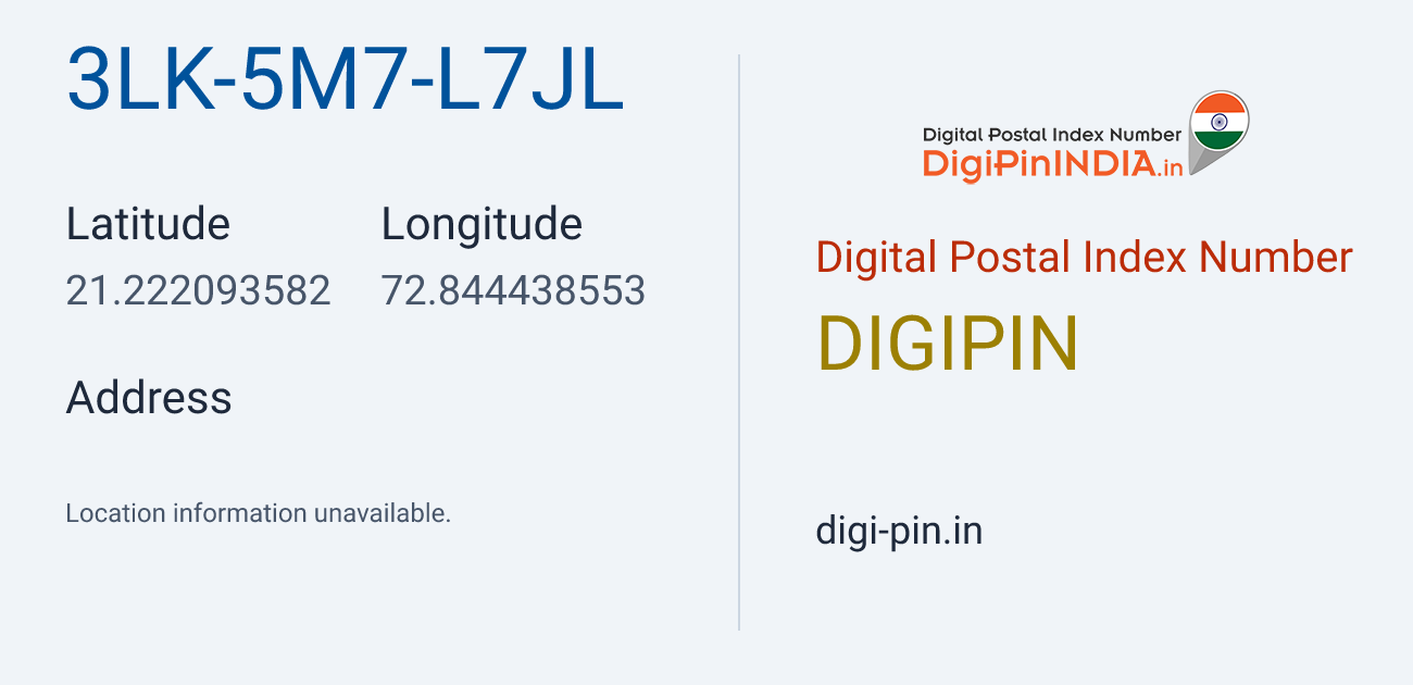 DigiPin 3LK-5M7-L7JL location map showing coordinates 21.222094, 72.844439