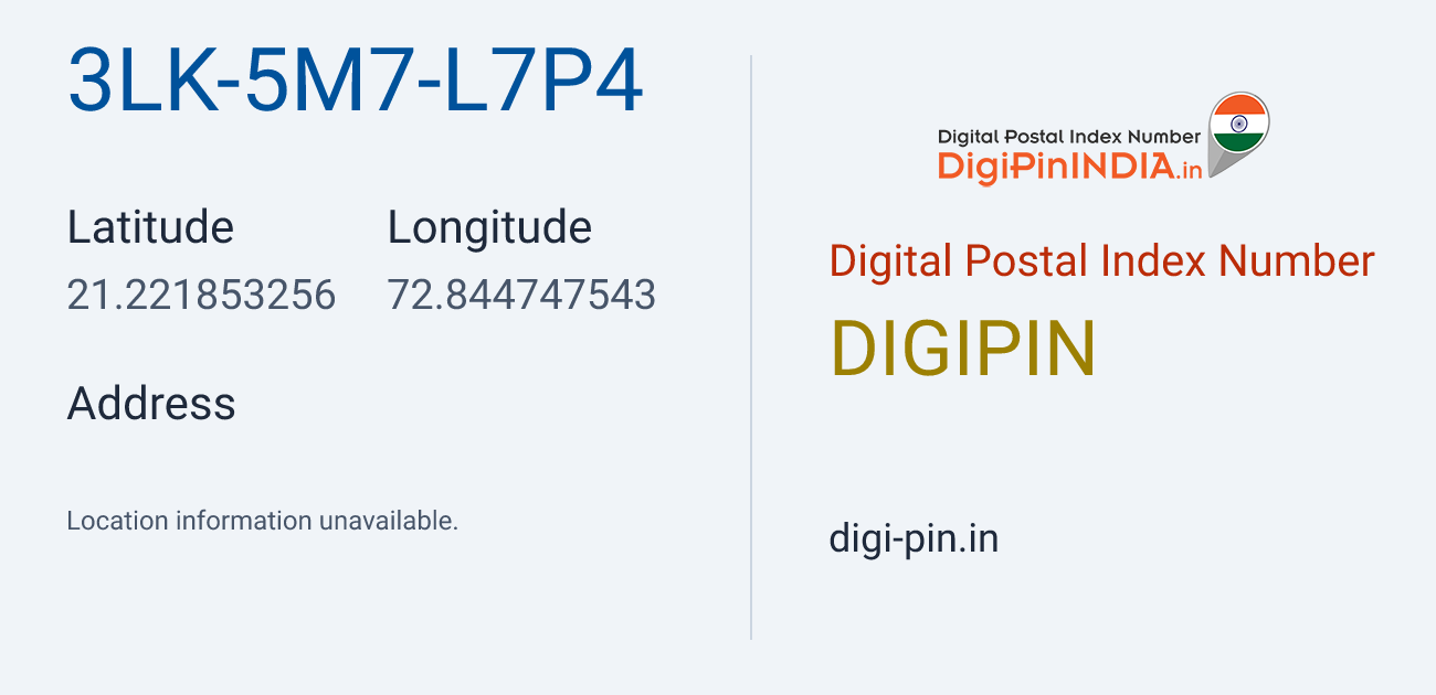 DigiPin 3LK-5M7-L7P4 location map showing coordinates 21.221853, 72.844748