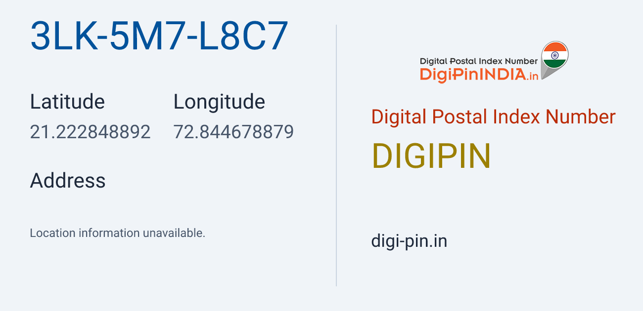 DigiPin 3LK-5M7-L8C7 location map showing coordinates 21.222849, 72.844679