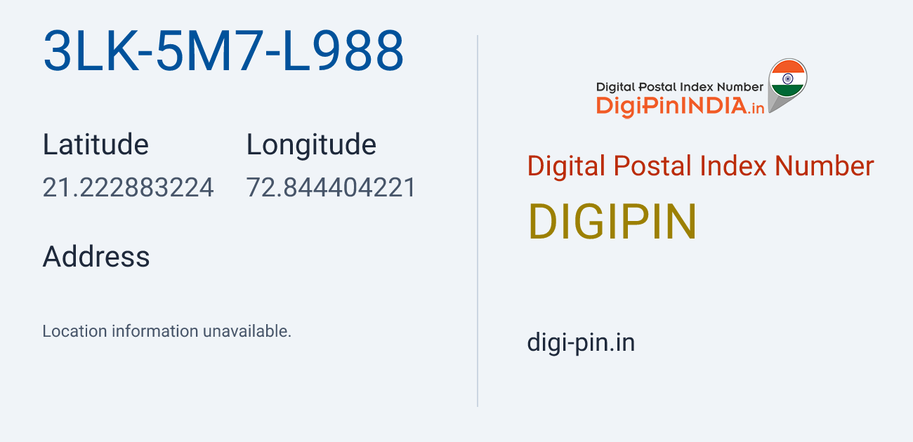 DigiPin 3LK-5M7-L988 location map showing coordinates 21.222883, 72.844404