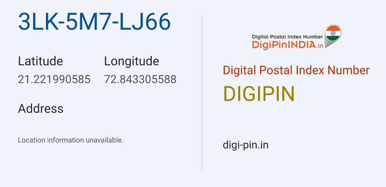 DigiPin 3LK-5M7-LJ66 location map showing coordinates 21.221991, 72.843306