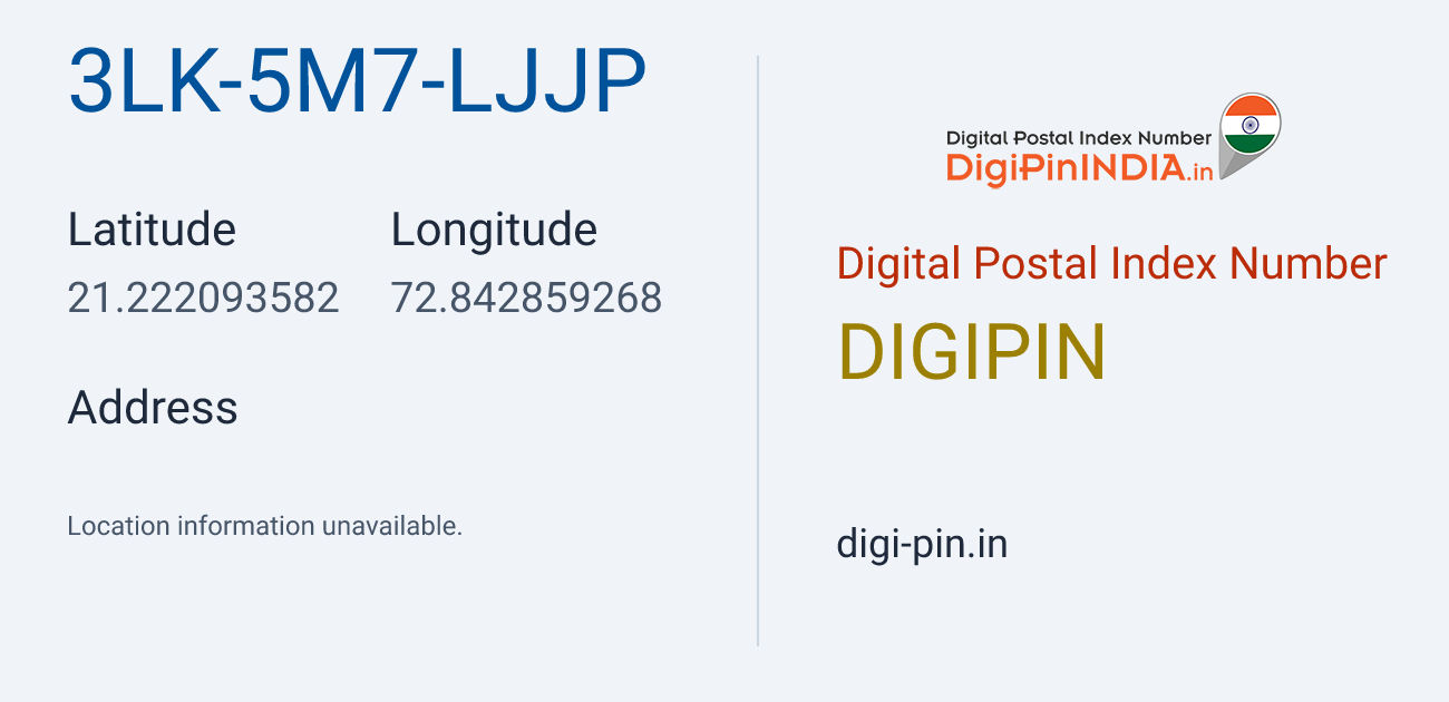 DigiPin 3LK-5M7-LJJP location map showing coordinates 21.222094, 72.842859