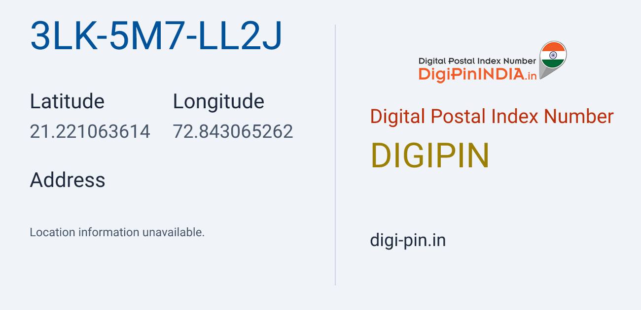 DigiPin 3LK-5M7-LL2J location map showing coordinates 21.221064, 72.843065