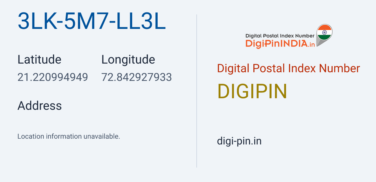 DigiPin 3LK-5M7-LL3L location map showing coordinates 21.220995, 72.842928