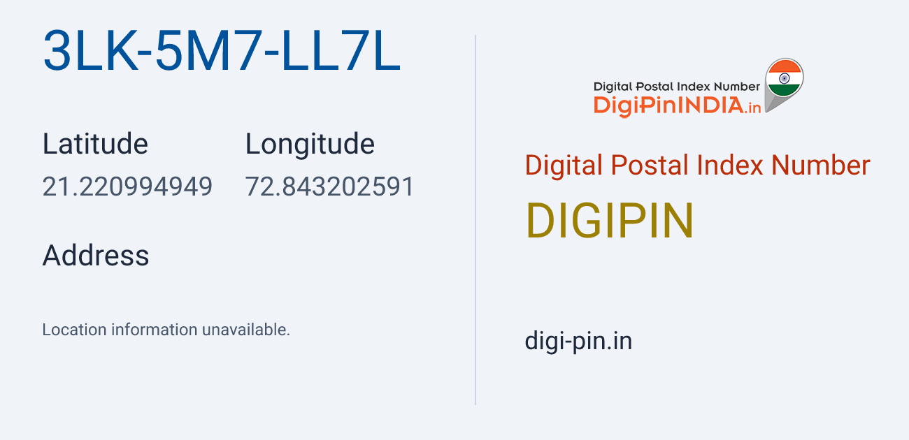 DigiPin 3LK-5M7-LL7L location map showing coordinates 21.220995, 72.843203