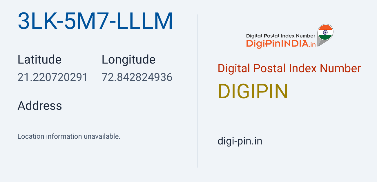 DigiPin 3LK-5M7-LLLM location map showing coordinates 21.220720, 72.842825