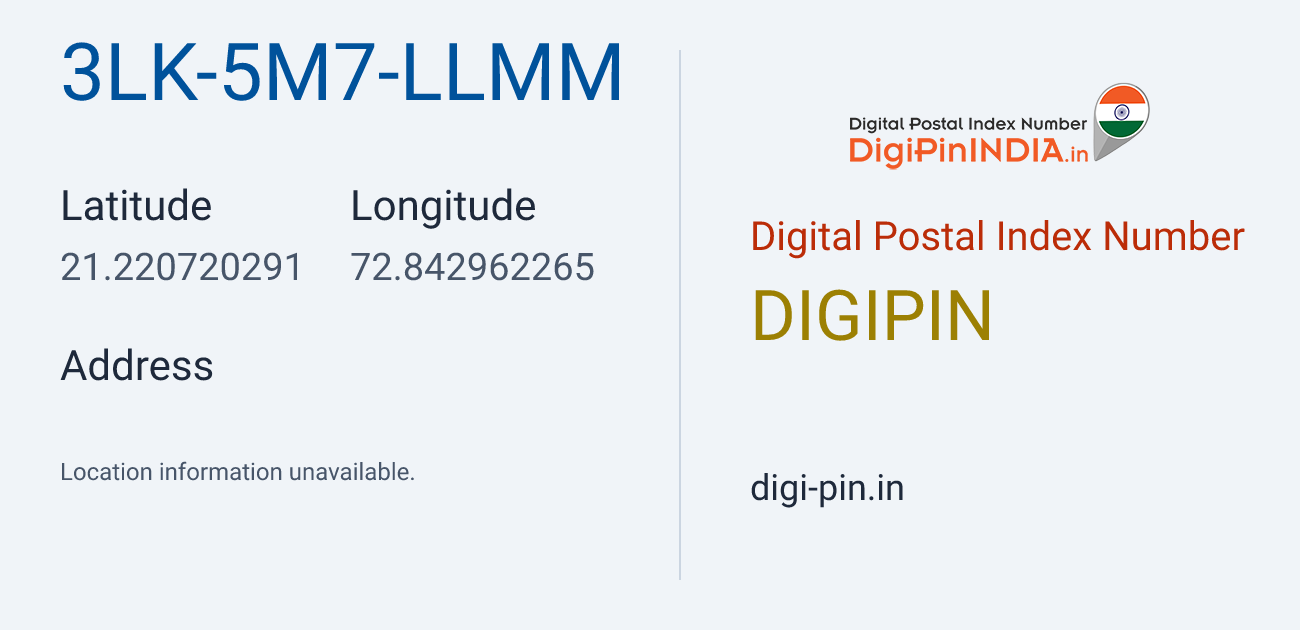 DigiPin 3LK-5M7-LLMM location map showing coordinates 21.220720, 72.842962