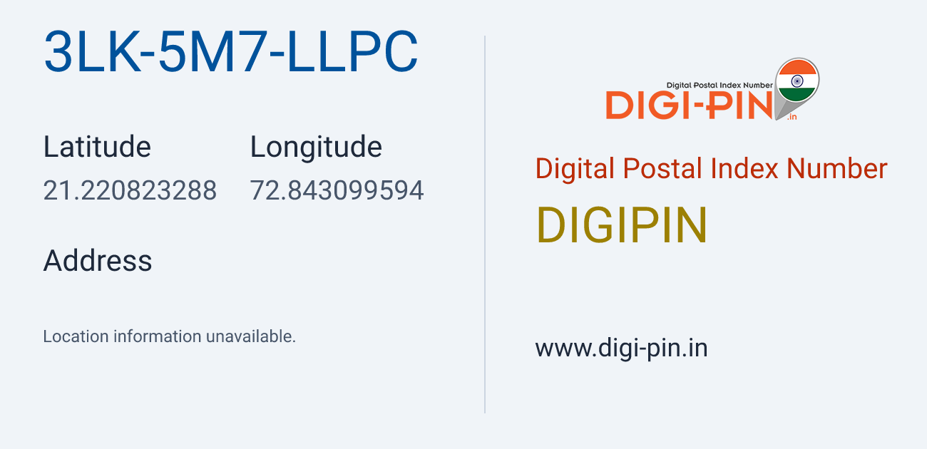 DigiPin 3LK-5M7-LLPC location map showing coordinates 21.220823, 72.843100