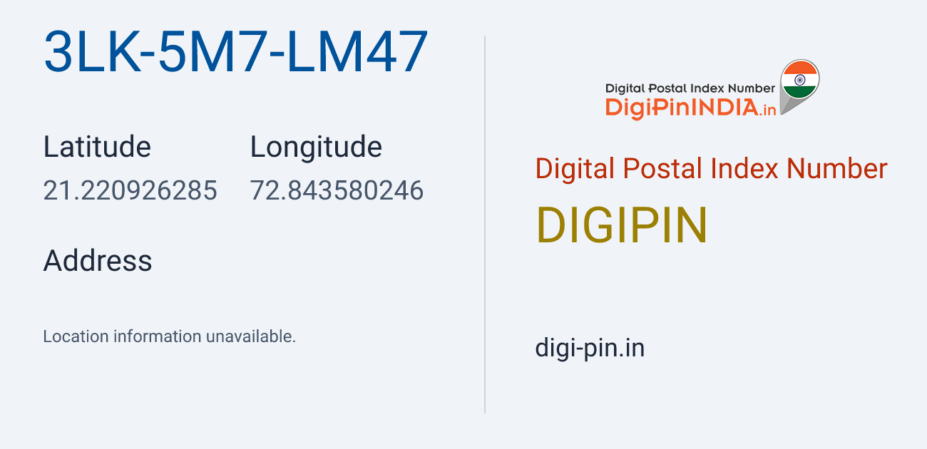 DigiPin 3LK-5M7-LM47 location map showing coordinates 21.220926, 72.843580